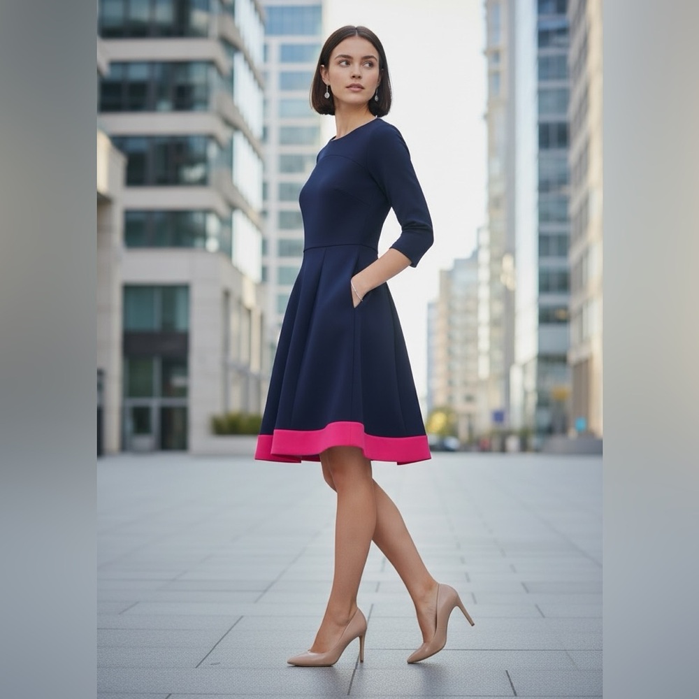 Eliza J Dress Womens 10P Blue Colorblock Fit Flare 3/4 Sleeve Knit Work Office